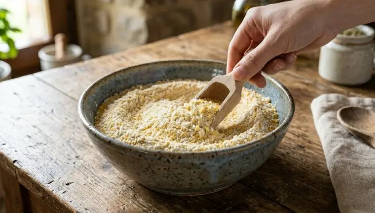 Mettete la farina di mais e la farina 00 in una ciotola piuttosto capiente e aggiungete il sale.