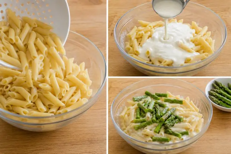 Scolate la pasta e versatela all’interno di una ciotola piuttosto capiente. Aggiungete la besciamella e gli asparagi, tenendo però da parte alcune punte che serviranno alla fine. Unite metà del formaggio grattugiato, una spolverata di pepe nero e un pizzico di noce moscata. Mescolate bene.