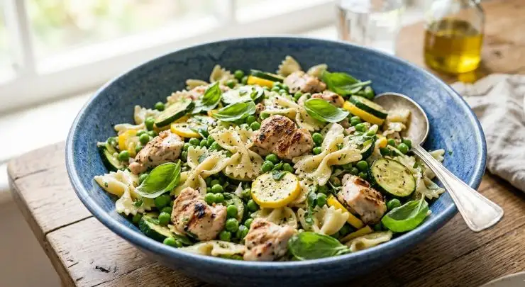 Scolate le farfalle, versatele all’interno della padella con le zucchine e i piselli e mescolate bene, eventualmente aggiungendo un filo di olio extravergine di oliva a crudo. Trasferite nei piatti da portata, aggiungete qualche pezzo di petto di pollo grigliato e servite.