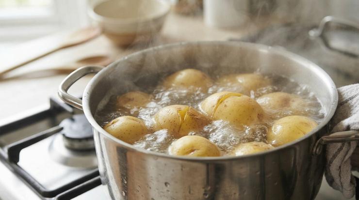 Lavate le patate sotto l’acqua corrente e mettetele in una pentola. Riempite di acqua fino a superare la superficie delle patate e mettete sul fuoco. Portate ad ebollizione e fate cuocere fino a quando le patate non risultano completamente cotte, ovvero fino a quando infilando la punta di un coltello questa affonda completamente e senza fatica.