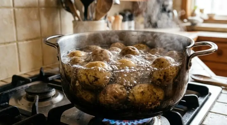 Lavate bene le patate e, senza privarle della buccia, mettetele in una pentola. Riempite di acqua fino a superare la superficie delle patate, portate ad ebollizione e fate cuocere fino a quanto non risultano completamente cotte all’interno. Per verificare la cottura infilate uno stecchino o la punta del coltello: se affonda completamente e senza fatica le patate sono cotte.