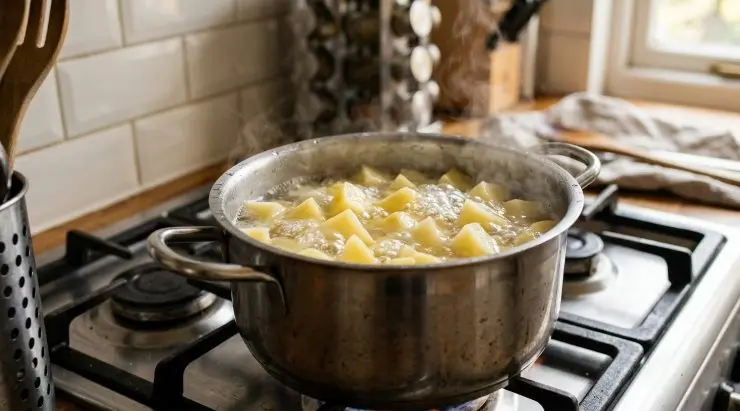 Pelate le patate e tagliatele a tocchetti. Trasferitele in una pentola colma di acqua e fatele cuocere per 10-15 minuti circa da quando l’acqua inizia a bollire.