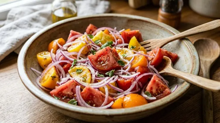 Tagliate la cipolla prima a metà e poi a fette sottili. Lavate i pomodori e tagliateli a pezzettoni. In un mortaio schiacciate in modo grossolano i grani di pepe nero.