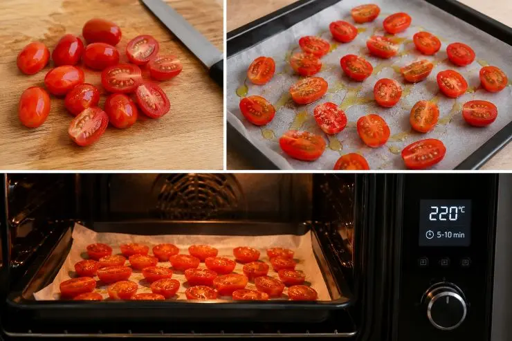 Tagliate a metà i pomodorini e metteteli su una teglia rivestita di carta forno. Versate un filo di olio, un pizzico abbondante di sale e infornate a 220 °C per 5-10 minuti circa.