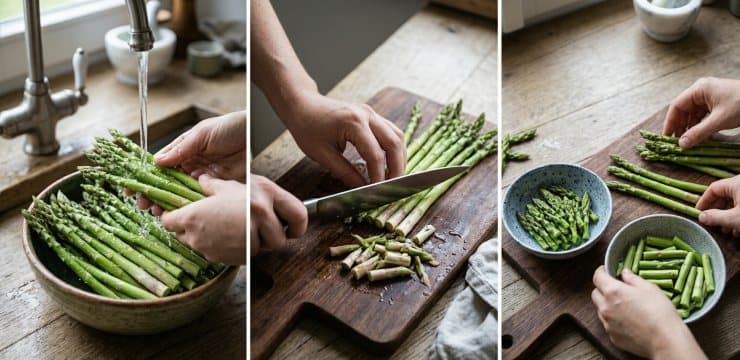 Lavate gli asparagi e eliminate l’estremità inferiore, quella più dura. Separate le punte dai gambi, in quanto questi ultimi hanno un tempo di cottura maggiore.