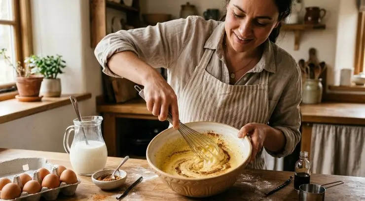 In una ciotola sbattete le uova, aggiungete il latte, la cannella e la vaniglia. Mescolate bene.
