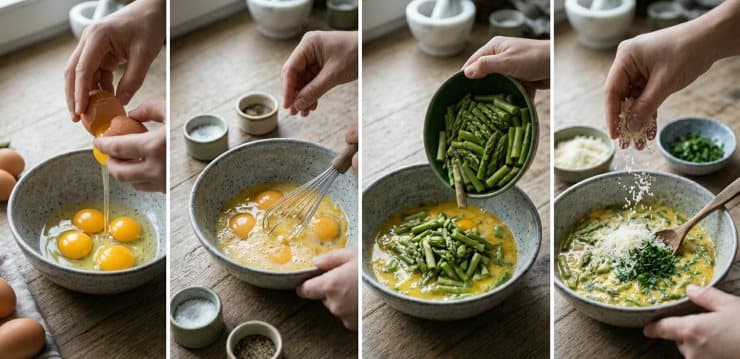 In una ciotola piuttosto capiente rompete le uova, sbattetele bene, aggiungete due pizzichi di sale, un pizzico di pepe, gli asparagi tagliati a pezzi non troppo piccoli, il formaggio grattugiato e il prezzemolo tritato. Mescolate bene il tutto.