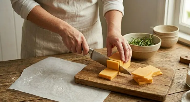 Tagliate il formaggio a fette in modo tale da ricavare dei quadrati di dimensioni molto simili a quelle degli hamburger. Ponetene una sopra ciascun hamburger una volta che questi risulteranno cotti, a fuoco spento ma quando sono ancora sulla piastra o nella padella.