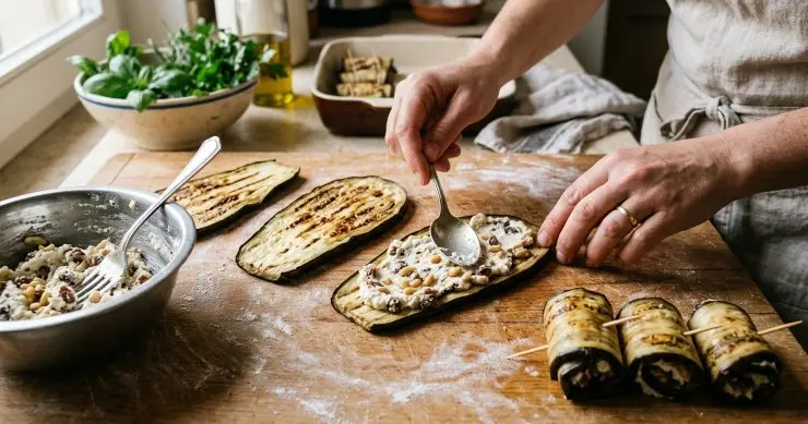 Adagiate le melanzane su una spianatoia e spalmate su ciascuna di esse un cucchiaino del composto di formaggio, uvetta e pinoli. Arrotolate ciascuna melanzana e fermatela con uno stuzzicadenti. Dopodiché siete pronti per impiattare.