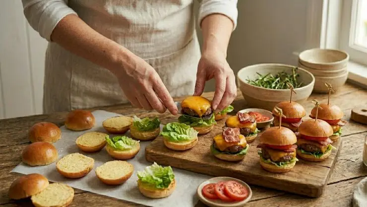 Tagliate i panini a metà, inserite una foglia di insalata sulla base, adagitevi sopra l’hamburger con il formaggio, una fetta di bacon (o mezza, a seconda della grandezza) e completate con una fetta di pomodoro. Chiudete il panino e fermate il tutto con uno stuzzicadenti. Sistemate i panini su un piatto da portata e serviteli ben caldi o tiepidi.