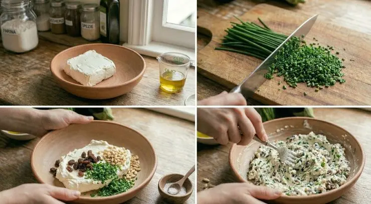 In una ciotola mettete il formaggio fresco spalmabile e lavoratelo aiutandovi con una forchetta. Tritate l’erba cipollina e aggiungetene metà della dose, aggiungete un cucchiaio di uvetta, un cucchiaio di pinoli e, se necessario, un pizzico di sale. Mescolate bene il tutto.