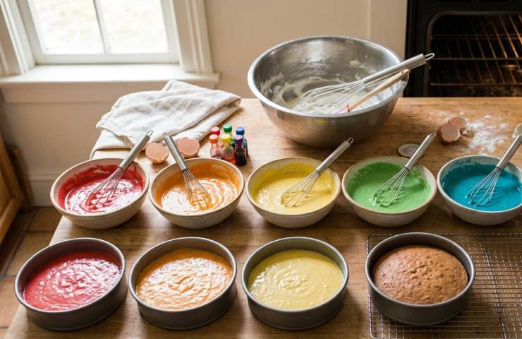 Montate a neve gli albumi e suddivideteli nelle sei ciotole di impasto colorato, incorporandoli con una frusta in modo tale da conferire al composto una consistenza spumosa. Mettete ciascun impasto colorato in una tortiera del diametro di 22 centimetri e cuocete a 200 °C per 15 minuti circa, avendo cura di verificare la cottura con uno stecchino.