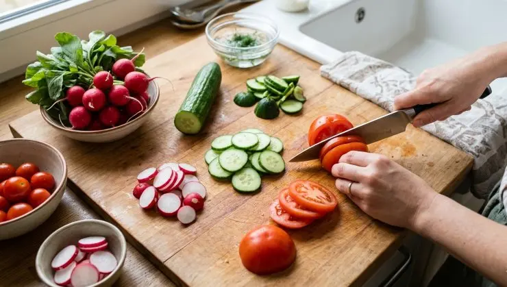 Lavate bene i pomodori e tagliateli a fette. Lavate il cetriolo, eliminate le due estremità e tagliatelo a fette sottili, fate la stessa cosa anche con i ravanelli.