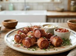 Piatto di bocconcini di wurstel e pancetta croccanti serviti con salse d'accompagnamento su un tavolo rustico.