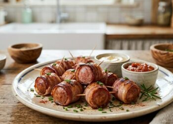 Piatto di bocconcini di wurstel e pancetta croccanti serviti con salse d'accompagnamento su un tavolo rustico.
