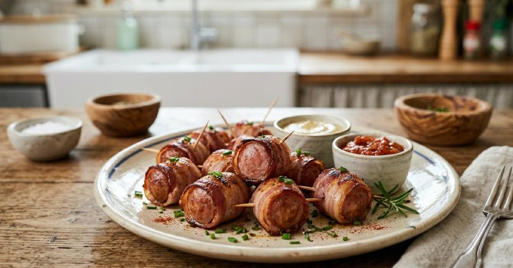 Bocconcini di wurstel e pancetta impiattati Piatto di bocconcini di wurstel e pancetta croccanti serviti con salse d'accompagnamento su un tavolo rustico.