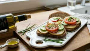 Tartine di pane di segale gourmet con scamorza, fette di pomodoro, cetrioli e ravanelli, condite con erba cipollina.