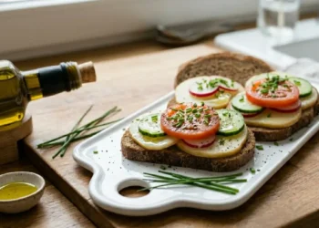 Tartine di pane di segale gourmet con scamorza, fette di pomodoro, cetrioli e ravanelli, condite con erba cipollina.