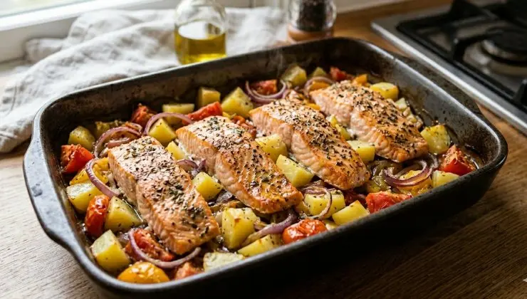 In una teglia da forno versate due cucchiai di olio extravergine di oliva, aggiungete le patate, i pomodori e la cipolla, salate e mescolate. Unite i tranci di salmone, salateli leggermente e versate il vino bianco. Completate con i grani di pepe nero leggermente schicciati ponendoli sulla superficie dei tranci di salmone.