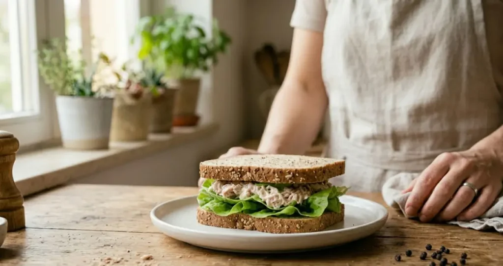 Un sandwich di pane in cassetta ai cereali pronto sul piatto, farcito con uno strato di crema di tonno e maionese e fogli di lattuga fresca.