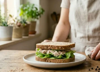 Un sandwich di pane in cassetta ai cereali pronto sul piatto, farcito con uno strato di crema di tonno e maionese e fogli di lattuga fresca.