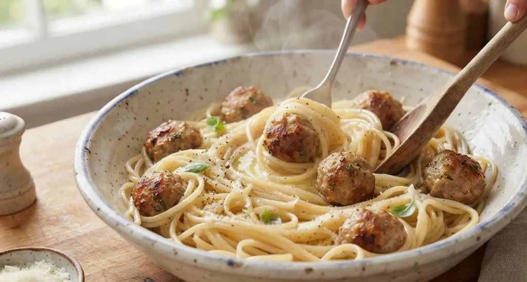 Ricetta Spaghetti e Polpette Fatte in Casa: Piatto Caldo e Invitante piatto di spaghetti fumanti con polpette di carne cotte al forno, basilico fresco e parmigiano in una ciotola di ceramica artigianale
