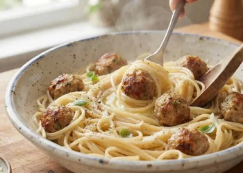 piatto di spaghetti fumanti con polpette di carne cotte al forno, basilico fresco e parmigiano in una ciotola di ceramica artigianale