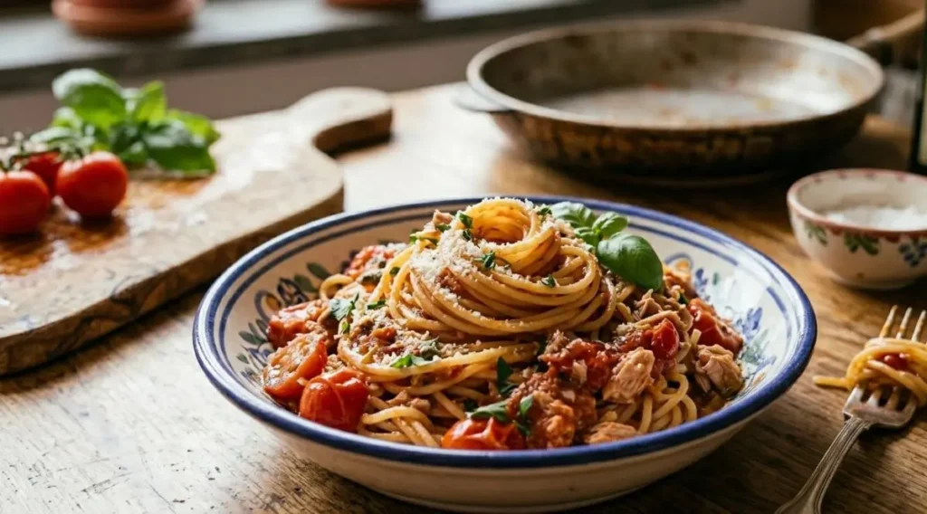 Ricetta spaghetti tonno e pomodorini: presentazione finale Primo piano di un piatto di spaghetti con tonno e pomodorini ciliegino, guarnito con prezzemolo fresco e servito in una ciotola di ceramica decorata su un tavolo di legno rustico.