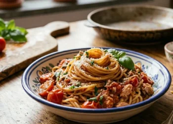 Primo piano di un piatto di spaghetti con tonno e pomodorini ciliegino, guarnito con prezzemolo fresco e servito in una ciotola di ceramica decorata su un tavolo di legno rustico.