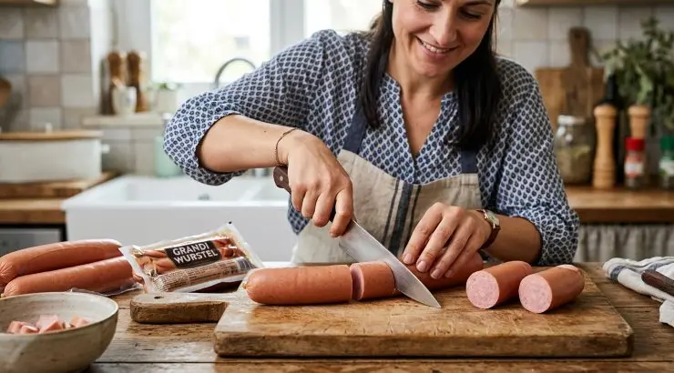 Prendete i wurstel e tagliateli in due o tre parti, a seconda della dimensione che preferite ottenere.