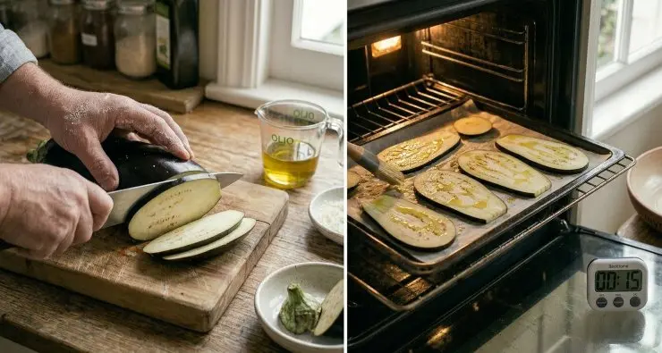 Lavate le melanzane, eliminate le due estremità e tagliatele a fette sottili per il senso della lunghezza, dopodiché arrostitele su una piastra in ghisa. In alternativa potete cuocerle in forno aggiungendo un filo di olio.