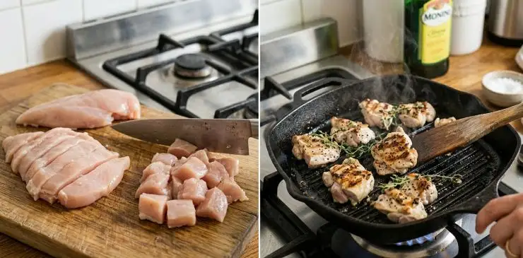 Tagliate il petto di pollo prima a fette e poi a pezzi non molto piccoli. Cuocetelo su una piastra di ghisa, salate e pepate a piacere.