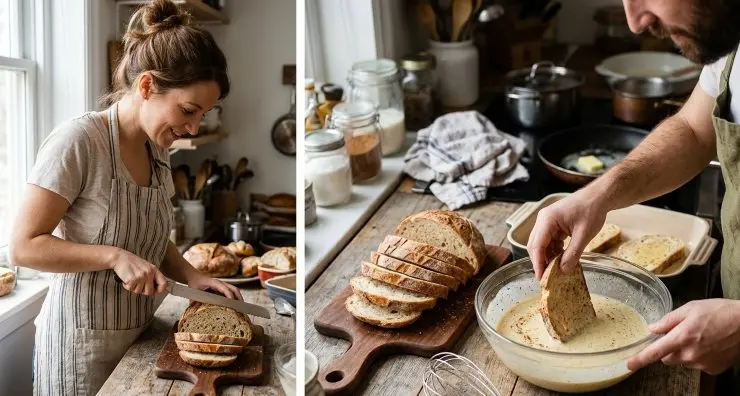 Tagliate a fette il pane raffermo (in alternativa potete utilizzare il pancarré) e immergete una alla volta le fette nel composto di uova e latte. Bagnatele su entrambi i lati (se il pane è piuttosto duro potete lasciarle immerse per qualche istante).