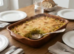 Torta di zucchine e patate pronta per essere servita torta di zucchine e patate appena sfornata in pirofila pronta per essere servita a tavola