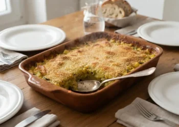 torta di zucchine e patate appena sfornata in pirofila pronta per essere servita a tavola
