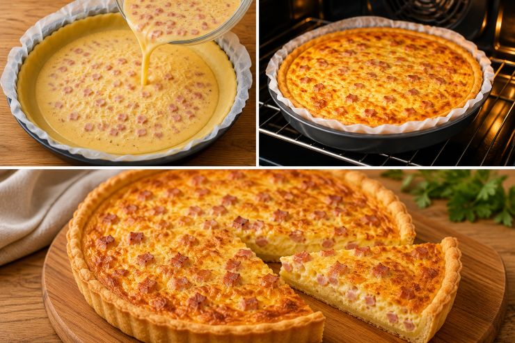 Tirate fuori dal forno la pasta brisè, eliminate il foglio di carta forno con i legumi e versate all’interno della pasta brisé il composto di uova, prosciutto e formaggio. Informate il tutto, sempre a 180 °C, per 30 minuti. Sfornate, lasciate ripostare per 10 minuti circa e servite.