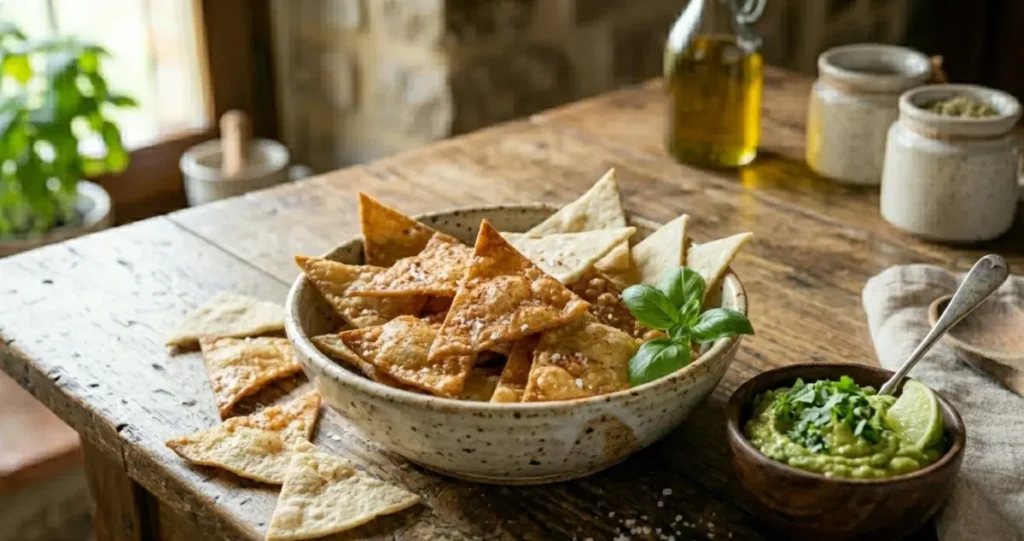 iotola rustica colma di tortilla chips dorate e croccanti con sale in fiocchi, servite con salsa guacamole fresca e lime su un tavolo di legno.