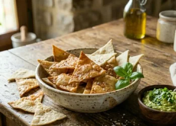 iotola rustica colma di tortilla chips dorate e croccanti con sale in fiocchi, servite con salsa guacamole fresca e lime su un tavolo di legno.