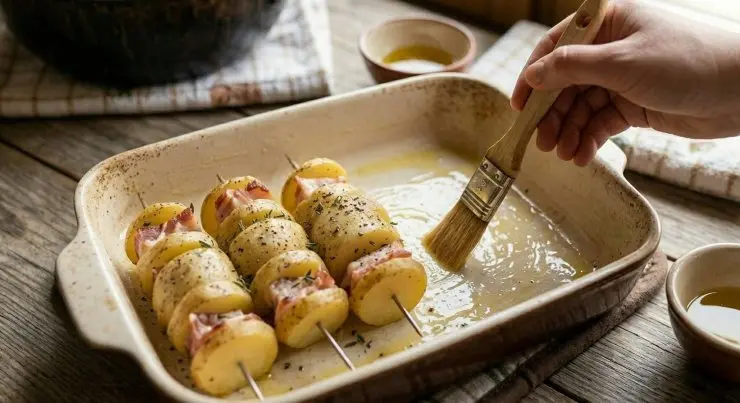 Ungete una teglia da forno con un filo di olio, adagiatevi all’interno gli spiedini, salate, pepate e fate cuocere a 220 °C per 20-30 minuti circa, girando di tanto in tanto, fino a quando il bordo delle fette di pancetta non risulta croccante. Sfornate e servite.