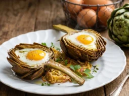 Carciofi gourmet con cuore d'uovo Due carciofi interi cotti al forno con un uovo all'occhio di bue nel centro, serviti su un letto di carciofi a julienne croccanti in un piatto bianco, sfondo rustico con cestino di uova.
