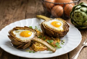Carciofi gourmet con cuore d'uovo Due carciofi interi cotti al forno con un uovo all'occhio di bue nel centro, serviti su un letto di carciofi a julienne croccanti in un piatto bianco, sfondo rustico con cestino di uova.