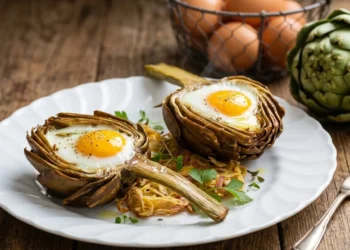 Due carciofi interi cotti al forno con un uovo all'occhio di bue nel centro, serviti su un letto di carciofi a julienne croccanti in un piatto bianco, sfondo rustico con cestino di uova.