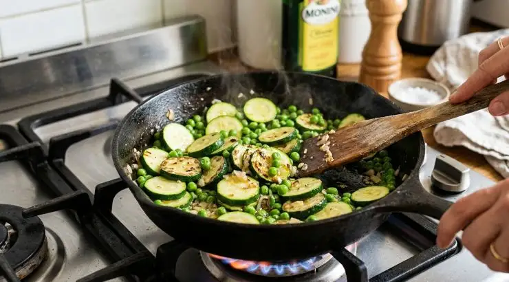 Lavate bene le zucchine e tagliatele a rondelle. In una padella versate un cucchiaio di olio extravergine di oliva, lo spicchio di aglio e fate soggriggere per pochi istanti. Aggiungete le zucchine e i piselli, coprite e fate cuocere mescolando di tanto in tanto, eventualmente aggiungendo qualche cucchiaio di acqua, rigorosamente calda, qualora il fondo di cottura dovesse asciugarsi troppo. Salate a metà cottura.