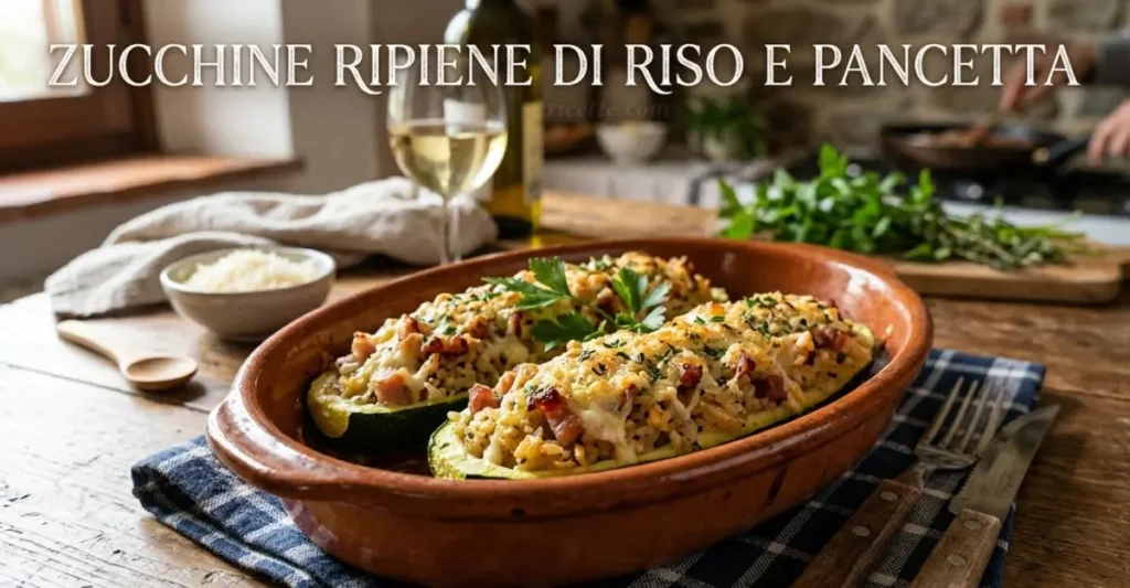 Due zucchine ripiene di riso, pancetta e formaggio filante, gratinate al forno e servite in una pirofila di terracotta su un tavolo di legno rustico.