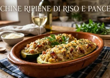 Due zucchine ripiene di riso, pancetta e formaggio filante, gratinate al forno e servite in una pirofila di terracotta su un tavolo di legno rustico.
