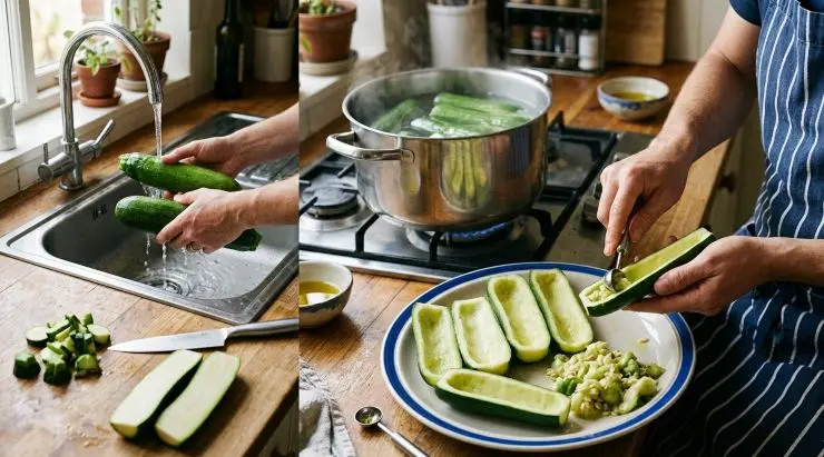 Lavate bene le zucchine, privatele delle due estremità e tagliatele a metà per il senso della lunghezza. Mettetele in una pentola, riempitela di acqua e fate cuocere le zucchine fino a quando non risultano completamente cotte. Scolatele, mettetele in un piatto e con l’aiuto di uno scavino eliminate la polpa interna facendo attenzione a non rompere la parte esterna.