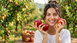 3 mele al giorno per una pelle splendente Donna sorridente con pelle radiosa tiene in mano tre mele rosse in un frutteto, concetto di nutricosmetica e dieta per la pelle.