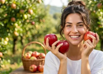 Donna sorridente con pelle radiosa tiene in mano tre mele rosse in un frutteto, concetto di nutricosmetica e dieta per la pelle.