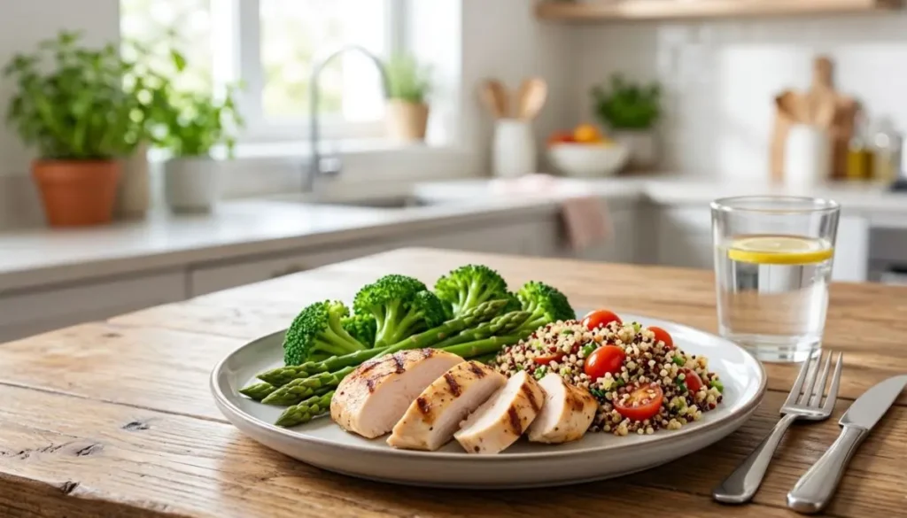 Piatto sano con petto di pollo grigliato, broccoli, asparagi e quinoa per la dieta contro le maniglie dell'amore.