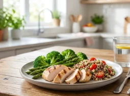 Piatto sano con petto di pollo grigliato, broccoli, asparagi e quinoa per la dieta contro le maniglie dell'amore.